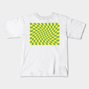 Twisted Checkered Square Pattern - Yellow & Fern Green Kids T-Shirt